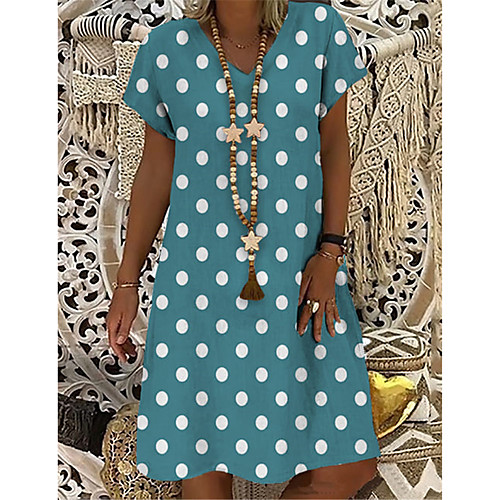 

Women's T Shirt Dress Tee Dress Knee Length Dress Blue Short Sleeve Polka Dot Print Summer V Neck Casual Holiday 2021 S M L XL XXL 3XL