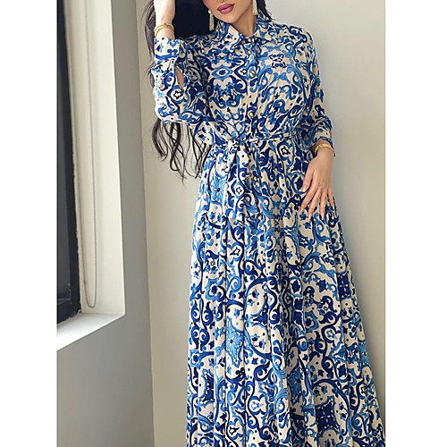 

Women's A Line Dress Maxi long Dress Blue print Long Sleeve Print Classic Style Fall Spring Shirt Collar Ethnic Style Casual Party Holiday 2021 S M L XL XXL