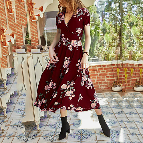 

Women's Swing Dress Midi Dress Blue Wine Green Black Navy Blue Short Sleeve Floral Spring Summer V Neck Boho 2021 S M L XL XXL