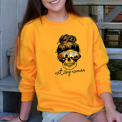 

Women's Sweatshirt Halloween Skull Pumpkin Print Halloween Sports & Outdoor Casual Hot Stamping Basic Halloween 休闲套头长袖卫衣打底衫 Hoodies Sweatshirts Wine Red Yellow Gray