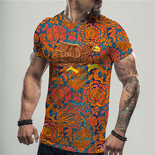 

Men's Unisex Tee T shirt Shirt 3D Print Floral Graphic Prints Bird Print Short Sleeve Daily Tops Casual Designer Big and Tall Orange