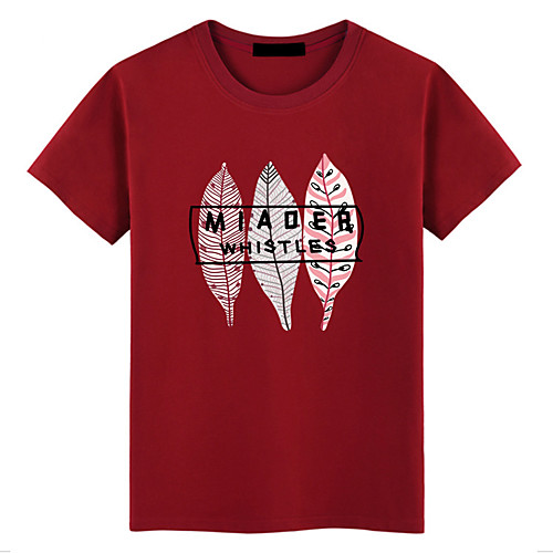

Women's Painting T shirt Text Feather Print Round Neck Basic Tops 100% Cotton Wine Gray White