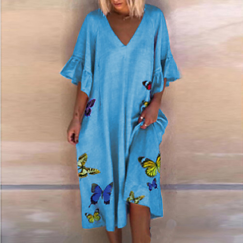 

Women's T Shirt Dress Tee Dress Knee Length Dress Yellow Wine Gray Sky Blue Light Green Half Sleeve Butterfly Print Spring Summer V Neck Elegant Vintage Holiday Loose 2021 S M L XL XXL XXXL