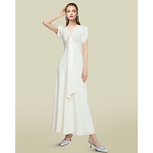 

A-Line Mother of the Bride Dress Elegant V Neck Ankle Length Chiffon Short Sleeve with Ruching 2021