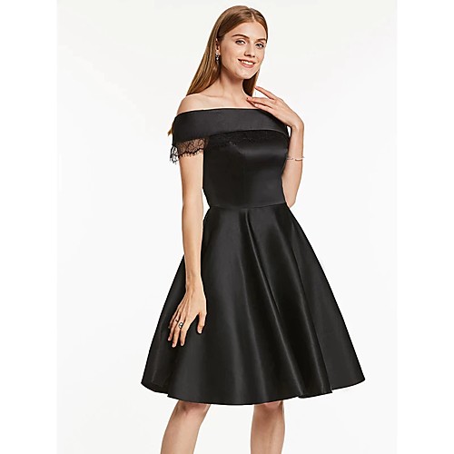 

A-Line Minimalist Vintage Engagement Cocktail Party Dress Off Shoulder Sleeveless Knee Length Satin with Lace Insert 2021