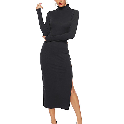 

Women's Sweater Jumper Dress Midi Dress Wine Black Dark Blue Long Sleeve Solid Color Split Fall Turtleneck Casual 2021 S M L XL XXL 3XL 4XL 5XL