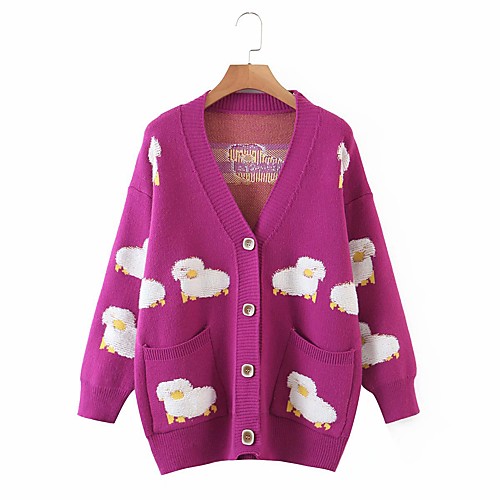 

Women's Stylish Embroidery Animal Cardigan Long Sleeve Sweater Cardigans V Neck Fall Spring Blue Purple Green