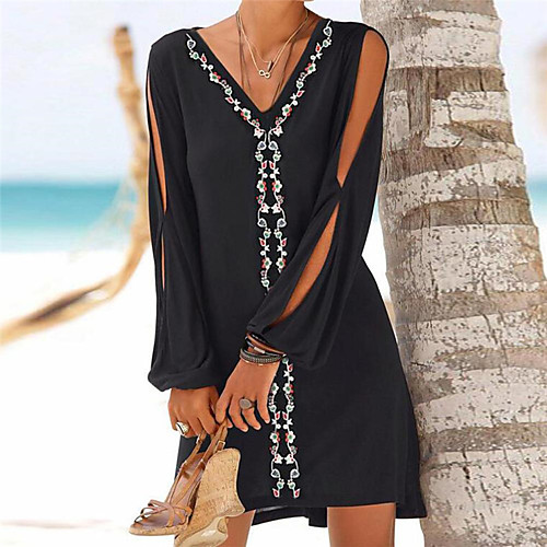 

Women's A Line Dress Short Mini Dress Black Long Sleeve Floral Print Summer V Neck Casual 2021 S M L XL