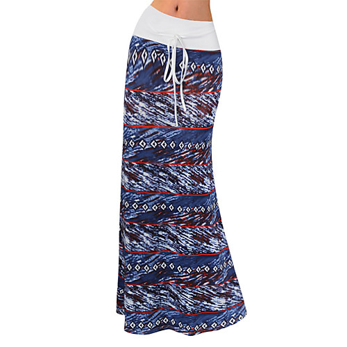 

Women's Holiday Vacation Basic Streetwear Maxi Skirts Striped Geometric Drawstring Print Blue Khaki Black