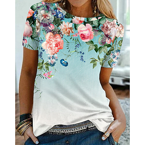 

Women's Floral Theme Painting T shirt Floral Graphic Print Round Neck Basic Tops Green