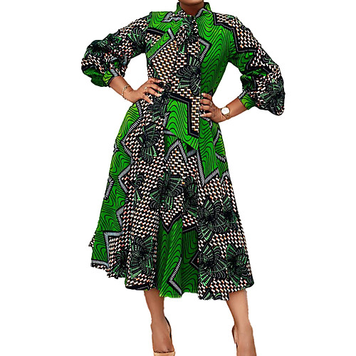 

Women's A Line Dress Maxi long Dress Green Long Sleeve Print Summer Casual 2021 S M L XL XXL XXXL