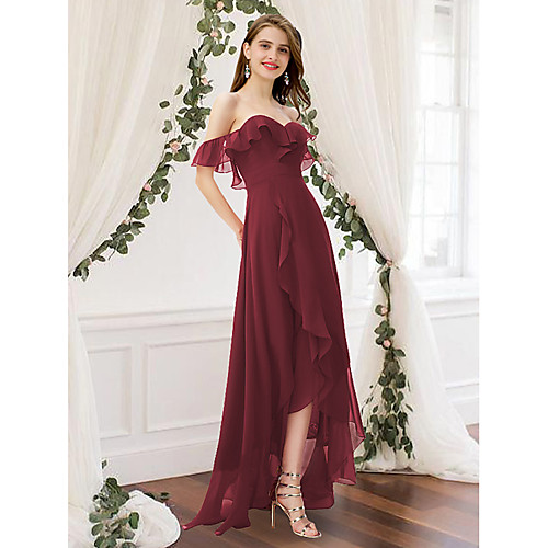 

A-Line Minimalist Elegant Prom Formal Evening Dress Off Shoulder Sleeveless Floor Length Chiffon with Pleats Ruffles 2021
