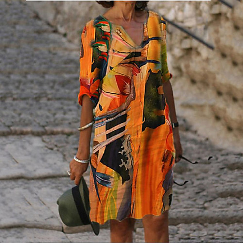 

Women's Shift Dress Knee Length Dress Orange Half Sleeve Print Print Fall Summer V Neck Casual 2021 S M L XL XXL 3XL 4XL