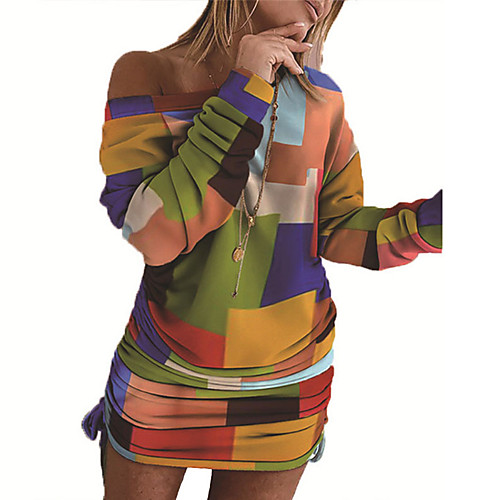 

Women's Sweater Jumper Dress Short Mini Dress Blue Yellow Blushing Pink Green Rainbow Black Dark Blue Long Sleeve Print Color Block Letter Print Fall Summer Round Neck Casual Halloween Holiday 2021 S