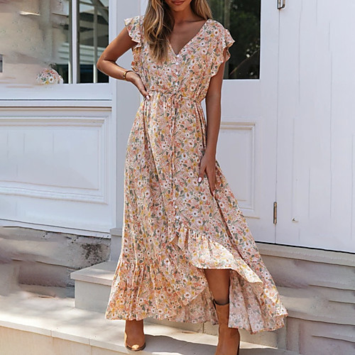 

Women's Swing Dress Maxi long Dress Brown Sleeveless Floral Print Button Print Fall Summer V Neck Casual 2021 S M L XL