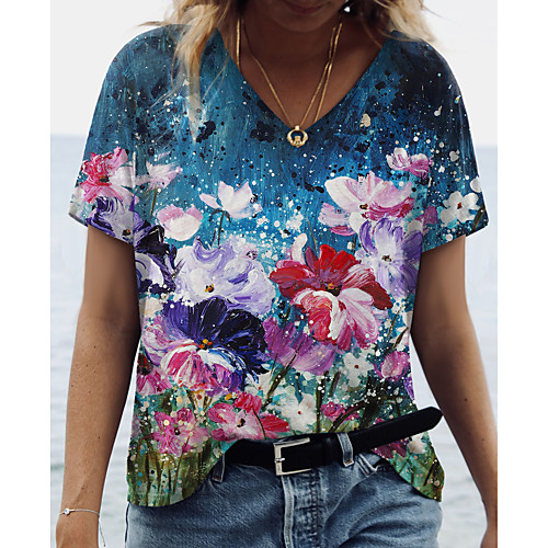 

Women's Floral Theme Painting T shirt Floral Graphic Print V Neck Basic Tops Blue