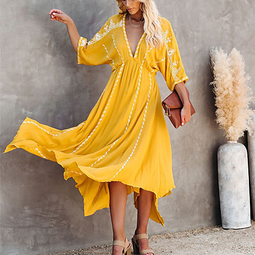 

Women's Swing Dress Midi Dress Yellow 3/4 Length Sleeve Solid Color Embroidered Summer V Neck Casual 2021 S M L XL XXL / Cotton