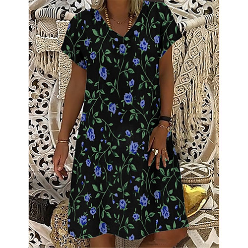 

Women's T Shirt Dress Tee Dress Knee Length Dress Navy Blue Short Sleeve Floral Print Summer V Neck Casual 2021 S M L XL XXL 3XL