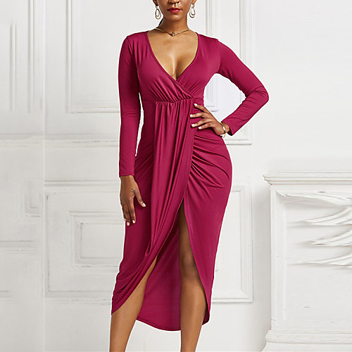 

Women's Sheath Dress Midi Dress Wine Dark Green Royal Blue Black Red Beige Dark Blue Long Sleeve Solid Color Split Fall V Neck Casual 2021 M L XL XXL