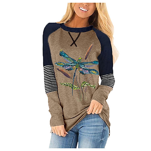

Women's Floral Theme Painting T shirt Striped Plants Animal Long Sleeve Patchwork Print Round Neck Basic Tops Blue Wine Khaki