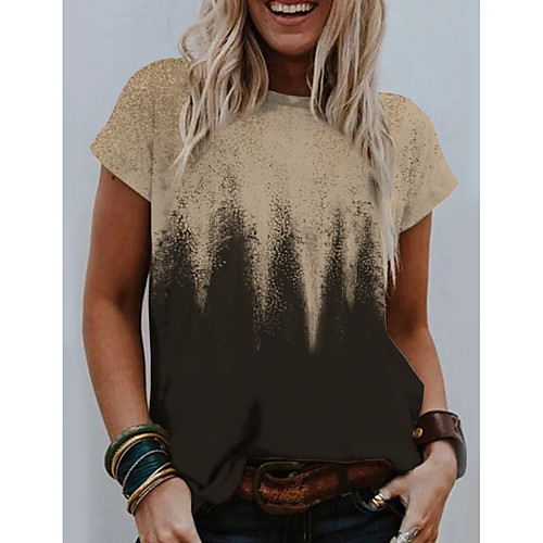 

Women's T shirt Graphic Color Block Print Round Neck Tops Basic Basic Top Khaki