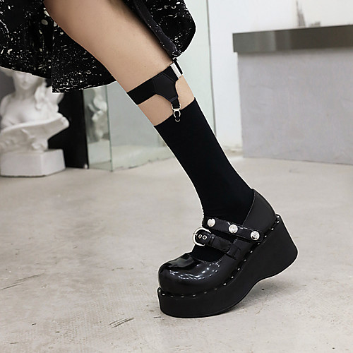 

Women's Lolita Shoes Wedge Heel Round Toe Patent Leather Solid Colored Black