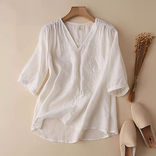 

Women's Plus Size Tops Tunic Blouse Floral Embroidered Half Sleeve V Neck Streetwear Summer Blushing Pink Green White Big Size L XL XXL 3XL 4XL / Cotton