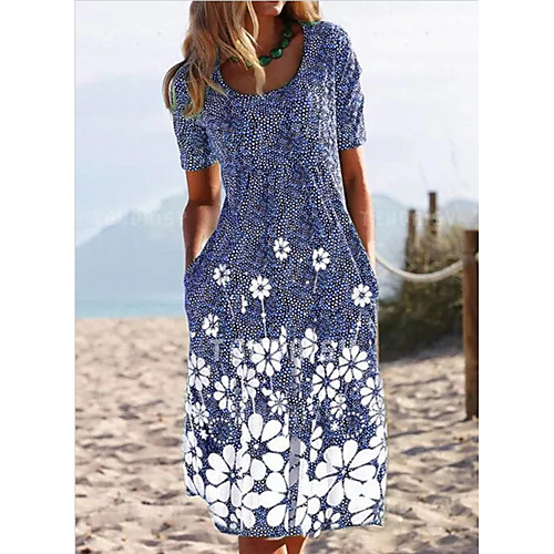 

Women's T Shirt Dress Tee Dress Knee Length Dress Blue Gray Green Short Sleeve Print Spring Summer Casual 2021 S M L XL 2XL 3XL 4XL 5XL