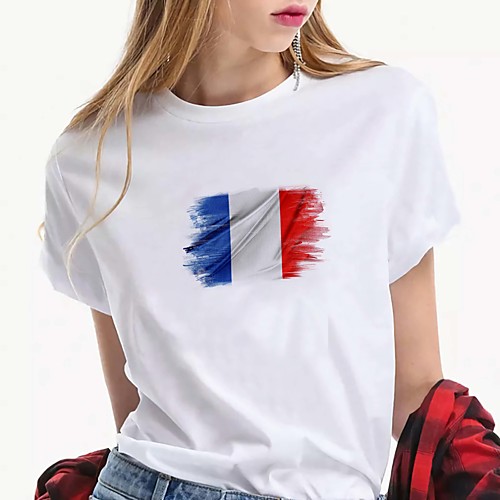 

Women's Painting T shirt Paris La Tour Eiffel Print Round Neck Basic Tops Cotton Blue White Red