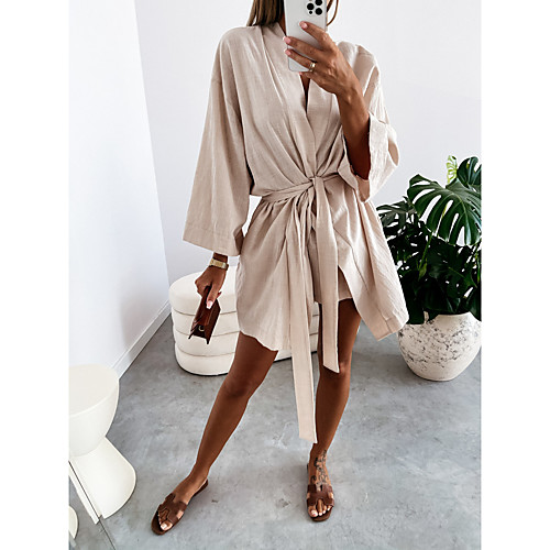 

Women's Wrap Dress Short Mini Dress Blushing Pink khaki White Black Long Sleeve Solid Color Spring Summer Casual 2021 S M L XL XXL