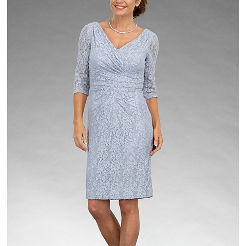 

Sheath / Column Mother of the Bride Dress Elegant V Neck Knee Length Lace Half Sleeve with Appliques 2021