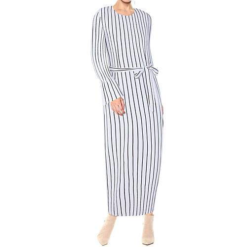 

Women's Shift Dress Maxi long Dress White Black Long Sleeve Striped Patchwork Fall Spring Round Neck Elegant 2021 S M L XL XXL