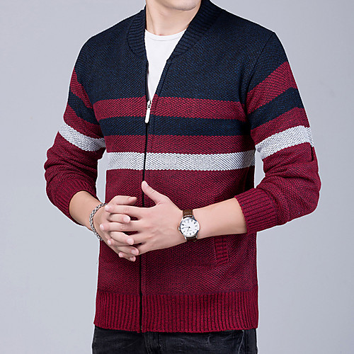 

Men's Unisex Stylish Vintage Style Zipper Front Stripe Knitted Striped Color Block Cardigan Sweater Long Sleeve Sweater Cardigans U Neck Fall Winter Blue Wine Navy Blue