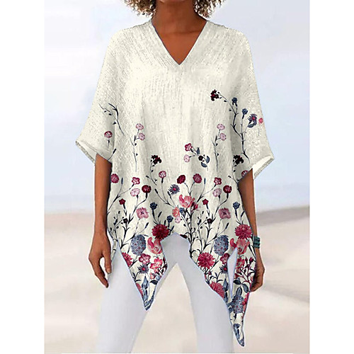 

Women's Plus Size Tops T shirt Florals Long Sleeve V Neck Casual Spring Summer Green Red Big Size L XL 2XL 3XL