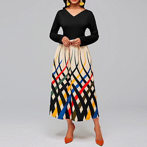 

Women's Sheath Dress Midi Dress Black Long Sleeve Geometric Print Fall Spring V Neck Elegant 2021 S M L XL XXL