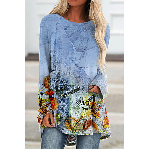 

Women's Floral Theme Butterfly Painting T shirt Floral Graphic Butterfly Long Sleeve Print Round Neck Basic Tops Blue