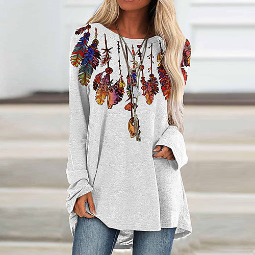 

Women's Painting T shirt Graphic Feather Long Sleeve Print Round Neck Basic Tops White
