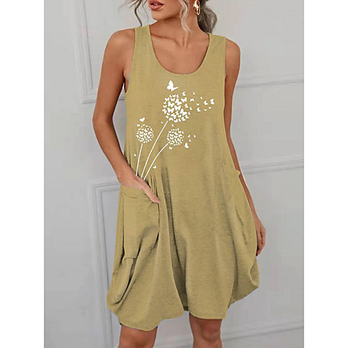 

Women's Shift Dress Knee Length Dress Wine Red Blue Yellow Blushing Pink Gray White Black Sleeveless Flower Pocket Spring Summer U Neck Casual 2021 4XL. S M L XL XXL 3XL 5XL