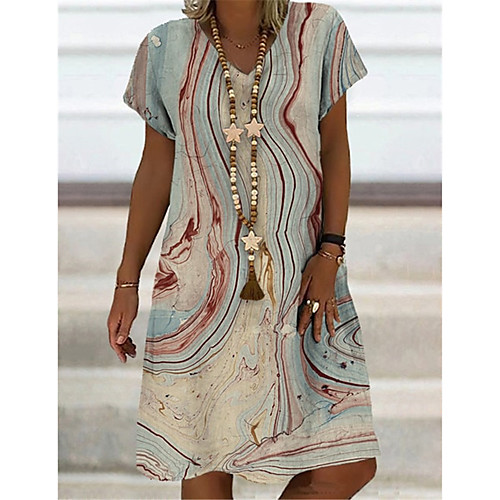 

Women's T Shirt Dress Tee Dress Knee Length Dress Light Green Short Sleeve Striped Print Print Spring Summer V Neck Casual Holiday 2021 S M L XL XXL 3XL