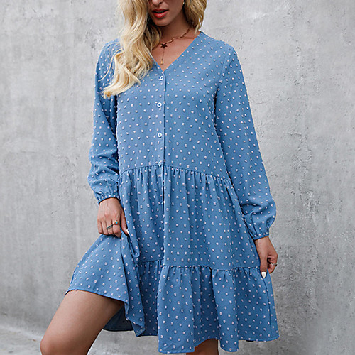 

Women's Swing Dress Knee Length Dress Blue Wine Green Black Long Sleeve Polka Dot Button Summer V Neck Casual 2021 M L XL XXL 3XL