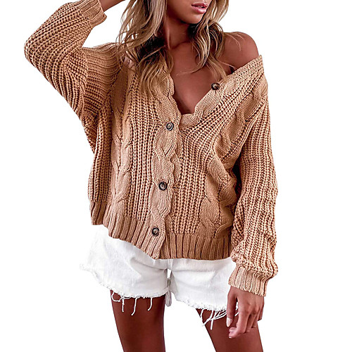 

Women's Casual Classic Style Solid Color Textured Cardigan Sweater Long Sleeve Loose Sweater Cardigans V Neck Spring Summer Gray khaki White / Holiday