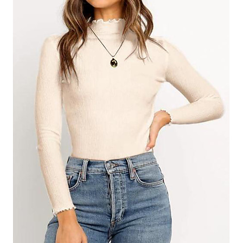 

Women's Casual Solid Color Pullover Sweater Long Sleeve Sweater Cardigans High Neck Fall Spring Skin Red Blushing Pink khaki