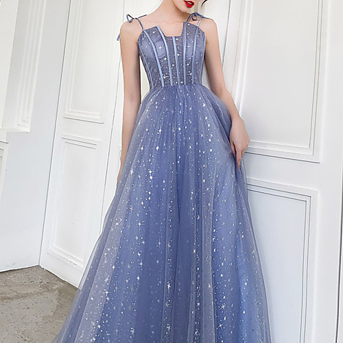 

A-Line Glittering Elegant Prom Formal Evening Dress Spaghetti Strap Sleeveless Floor Length Tulle with Pleats Sequin 2021