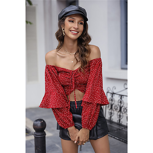

Women's Crop Top Blouse Shirt Polka Dot Long Sleeve Drawstring Ruffle Print Off Shoulder Basic Streetwear Tops Red