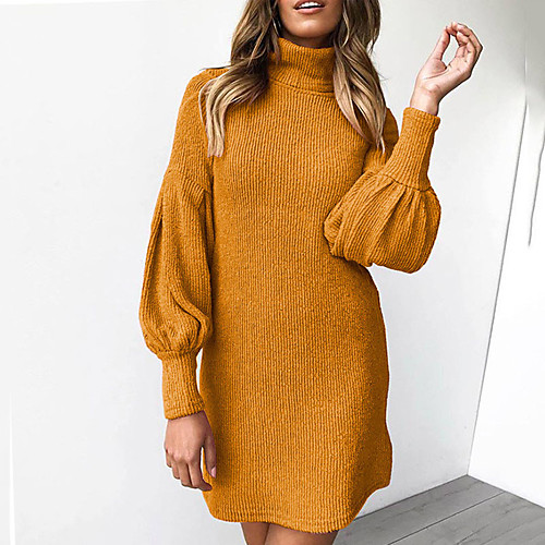 

Women's Shift Dress Short Mini Dress Yellow Blushing Pink Gray Black Long Sleeve Solid Color Ruched Fall Turtleneck Casual 2021 S M L XL XXL 3XL