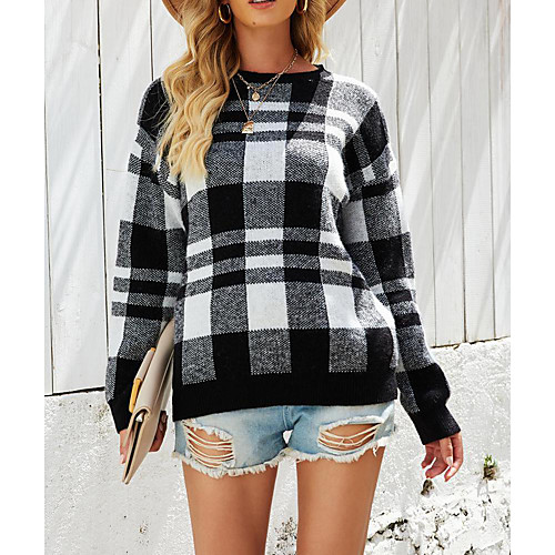 

Women's Casual Pure Color Plaid / Check Pullover Sweater Long Sleeve Sweater Cardigans Round Fall Spring khaki Black