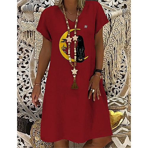 

Women's T Shirt Dress Tee Dress Knee Length Dress Red Short Sleeve Cat Animal Print Summer V Neck Casual Holiday 2021 S M L XL XXL 3XL