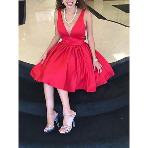 

A-Line Minimalist Sexy Engagement Cocktail Party Dress V Neck Sleeveless Knee Length Satin with Pleats 2021