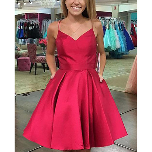 

A-Line Beautiful Back Minimalist Engagement Cocktail Party Dress Spaghetti Strap Sleeveless Short / Mini Satin with Sleek 2021