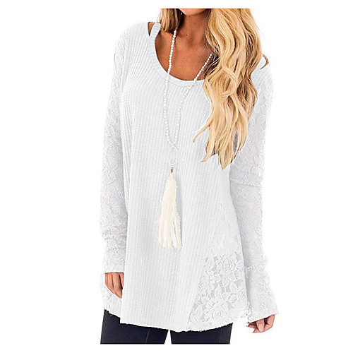 

Women's Shift Dress Short Mini Dress khaki Light Grey White Black Dark Gray Brown Long Sleeve Solid Color Lace Patchwork Fall Winter Round Neck Basic Casual 2021 S M L XL XXL 3XL 4XL 5XL